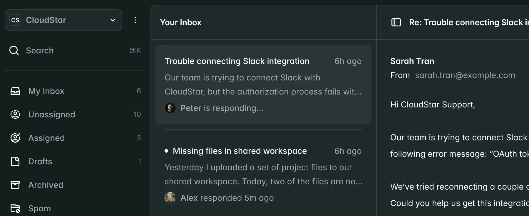 Support inbox interface